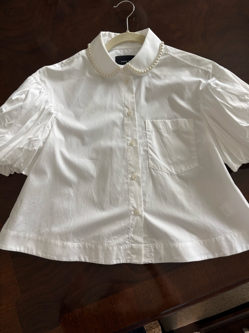 Simone Rocha White Pearl-Collar Puff Sleeve Blouse